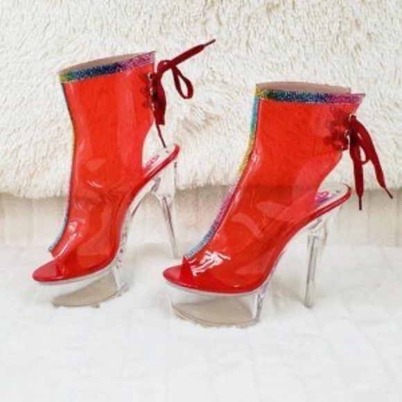 Clear Red Platform Heels With Rhinestone Trim - Picture 6 of 6